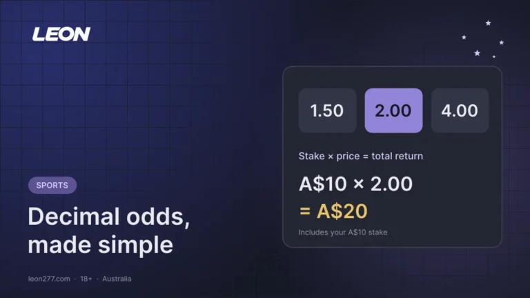 Decimal odds tiles 1.50, 2.00 and 4.00 with a A$10 stake at 2.00 returning A$20